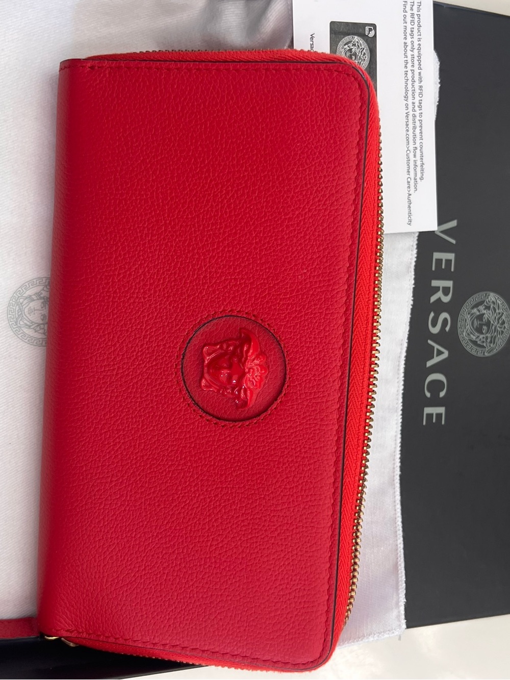 Versace Red Pebbled Leather Zip Wallet with Embossed Medusa